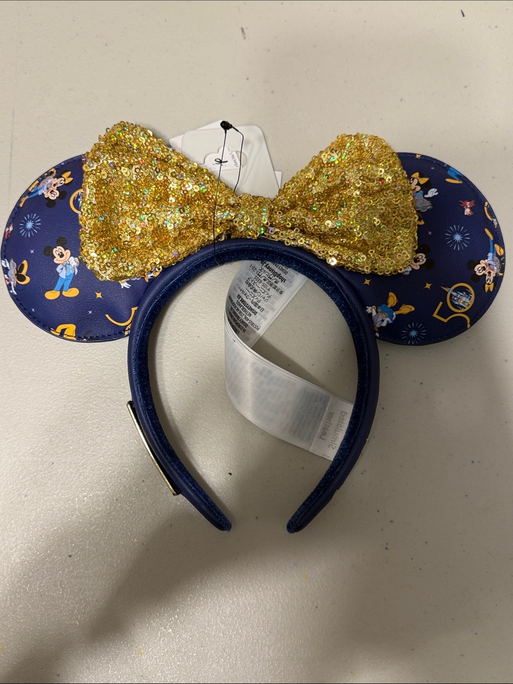 Disney Gold Sequin Bow with Navy Mickey Ears Headband